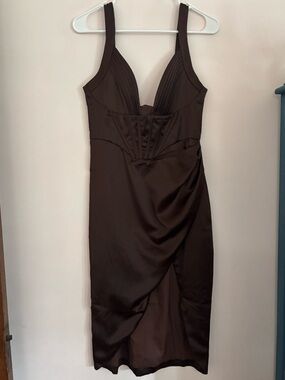 Brown Plunging Neckline Dress with boning